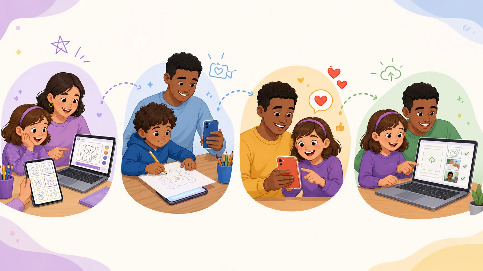 Four scenes show a child and parent choosing an iDrawing picture, tracing it on paper over a phone, sharing the contest post, and uploading the entry together