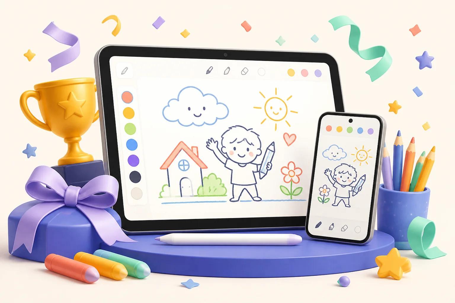A smart tablet and phone displayed with a trophy, gift, confetti, and colourful drawing tools