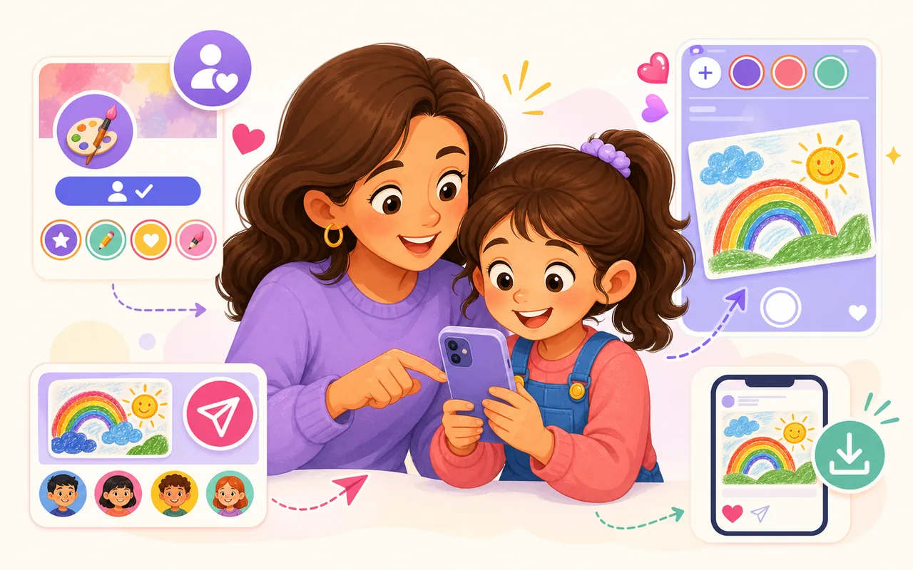 A child and parent complete social sharing steps together on a phone