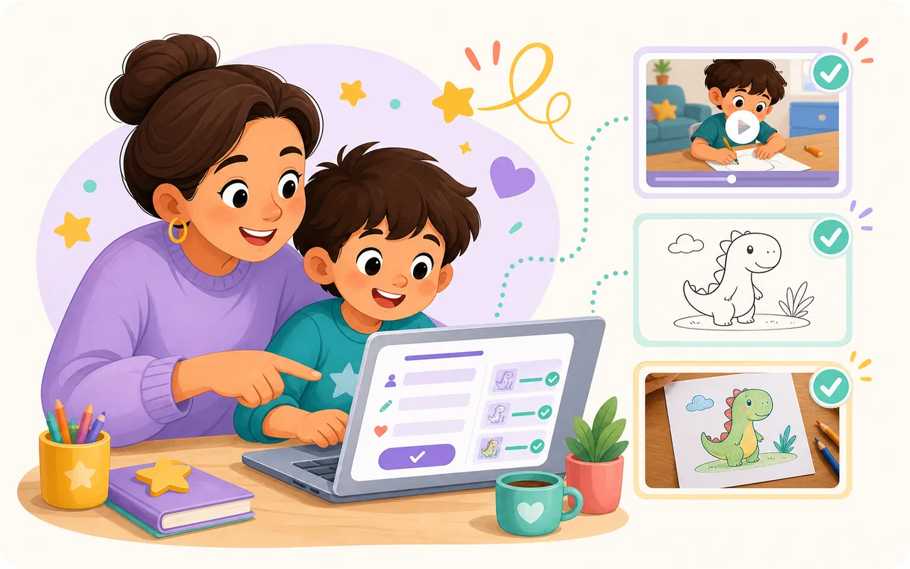 A child and parent upload the tracing video, chosen picture, and finished drawing through the entry form