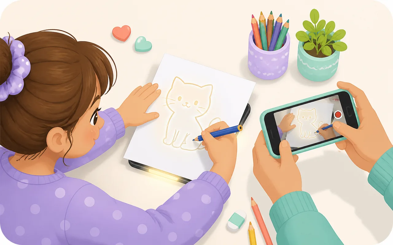 A child traces a cat drawing on paper over a flat phone while an adult records the process