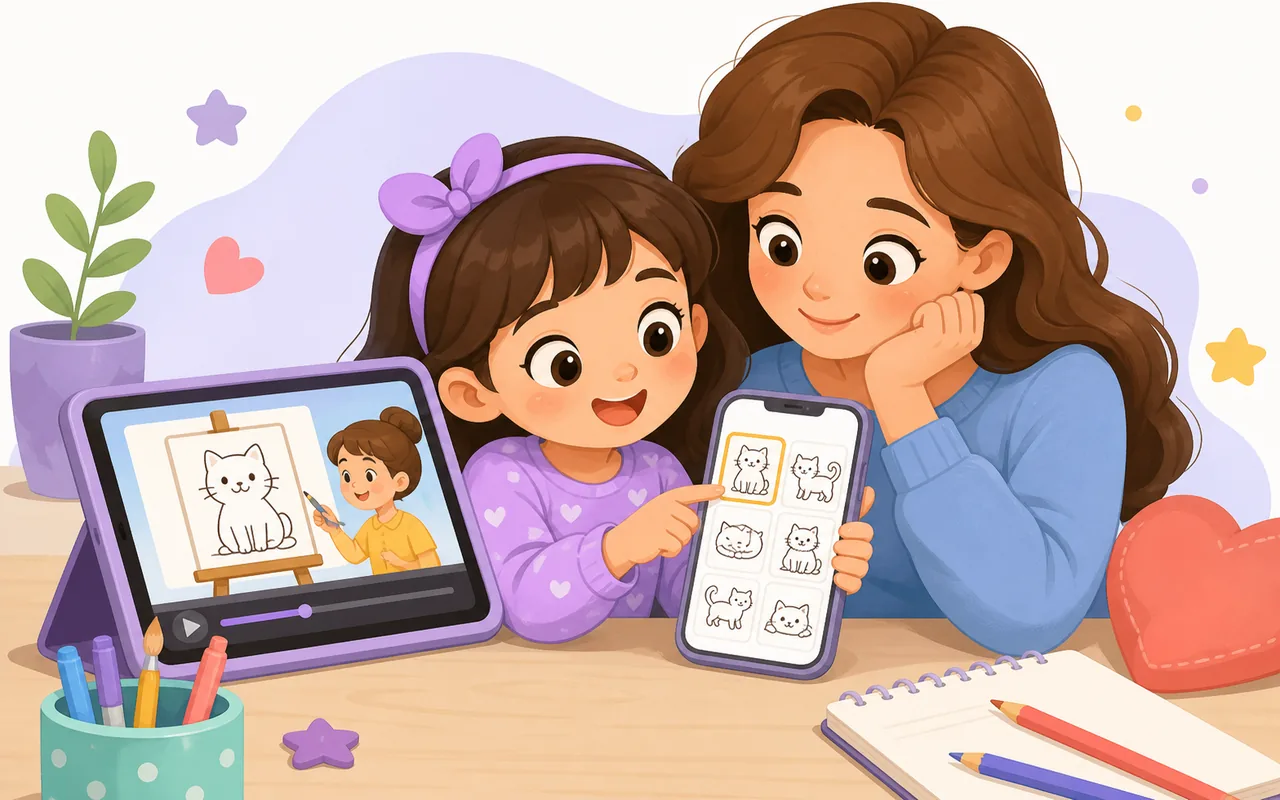 A child and parent watch the contest video and choose a cat line drawing on a phone